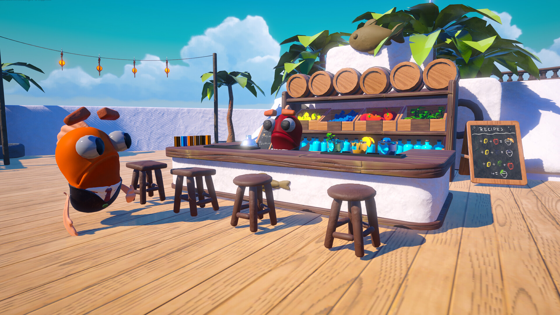 A bartender fish tending bar on the deck