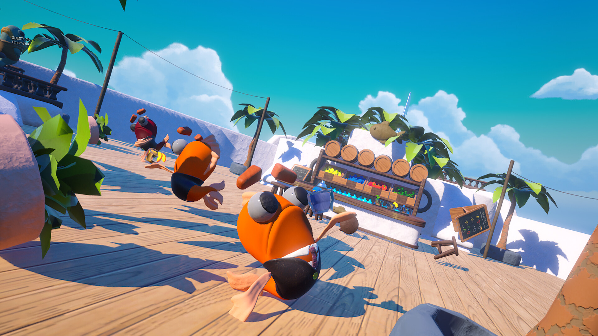 Players sliding across the deck during a wave